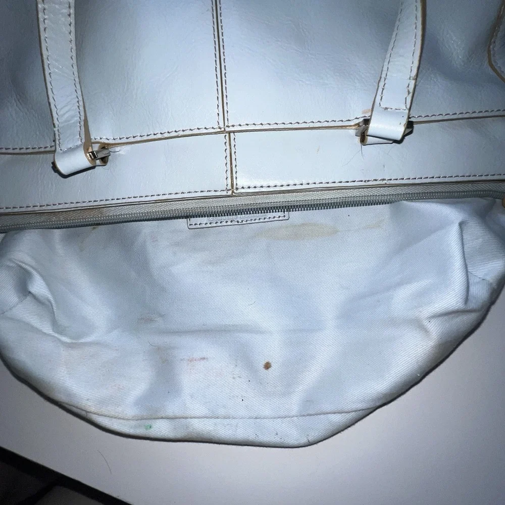 Etienne Light Blue Leather Shoulder Bag Zip Closure Dividers Pockets